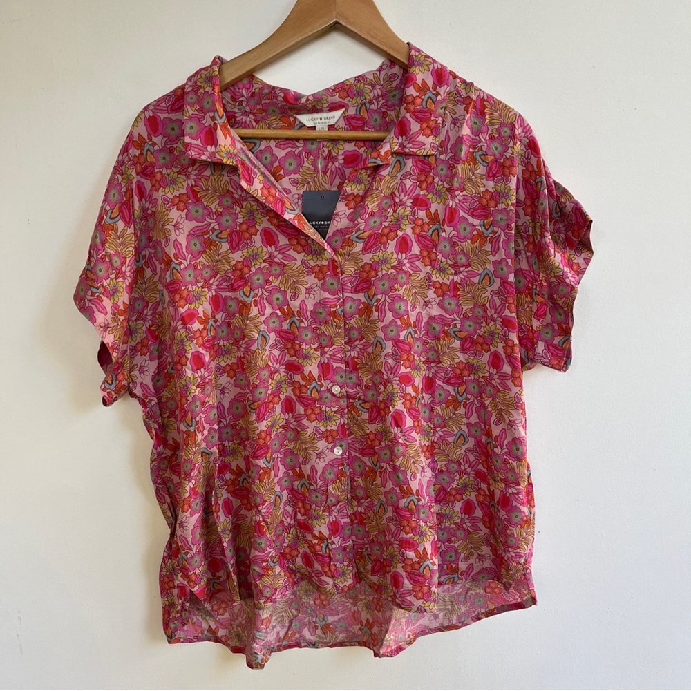 Lucky Brand Women's Pink  Floral Shirts Button Down Up Casual Loose Blouse New